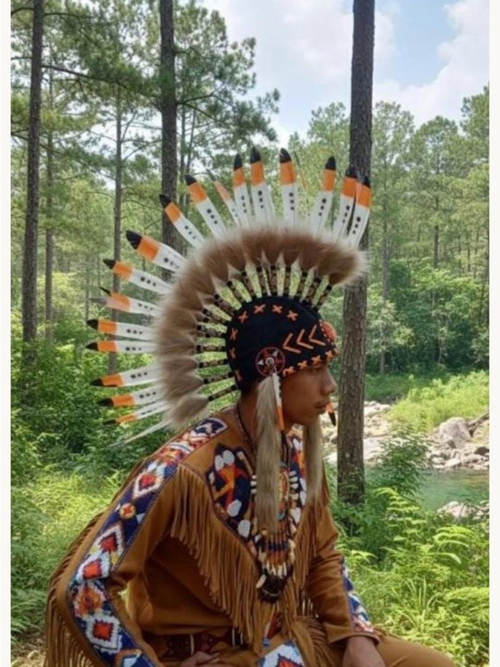 Feathered Mohawk Headdress Warbonnet - Black & Orange Accent